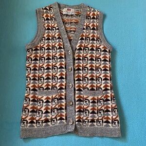DEMOISELLES wool button up vest 2 pockets  multi color vintage soft size M